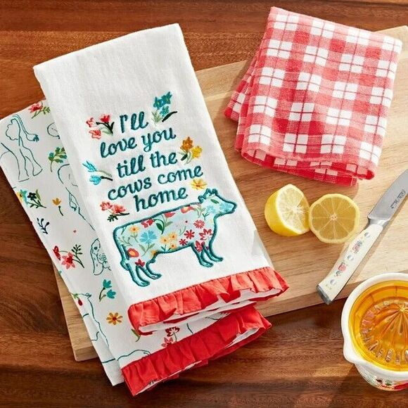 Pioneer Woman Farm Animals Kitchen Towels 3-pc Embroidered 16"W x 28"L Gift NEW - Picture 2 of 8